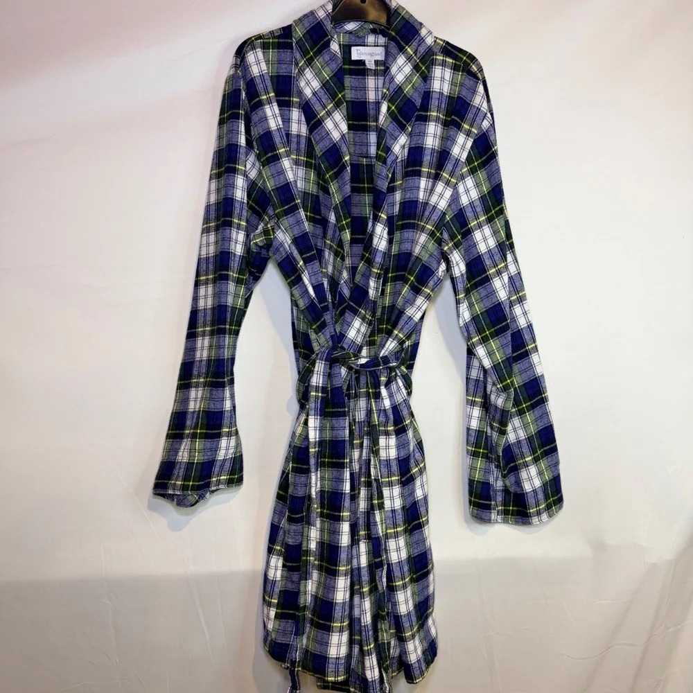 PajamaGram Women Blue Green White Plaid Flannel Robe Medium Large MD/LG